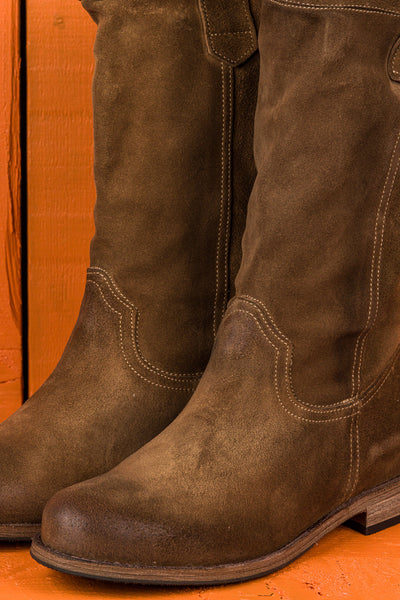 Benheart Agnese 5555 women’s taupe suede leather boots, close up view.