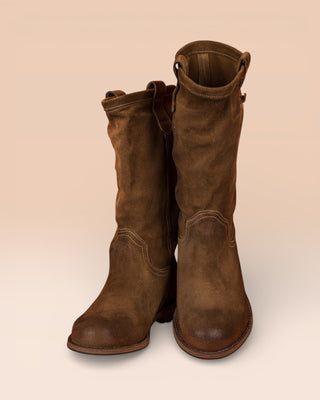 Benheart Agnese 5555 women’s taupe suede leather boots, front angled and top view.