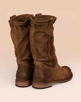 Benheart Agnese 5555 women’s taupe suede leather boots, rear angled view.