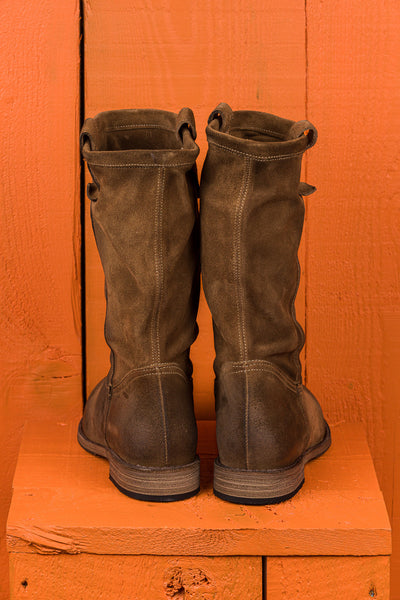 Benheart Agnese 5555 women’s taupe suede leather boots, rear view.