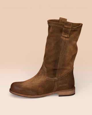 Benheart Agnese 5555 women’s taupe suede leather boots, side view.