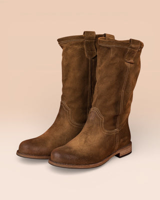 Benheart Agnese 5555 women’s taupe suede leather boots, front angled view.