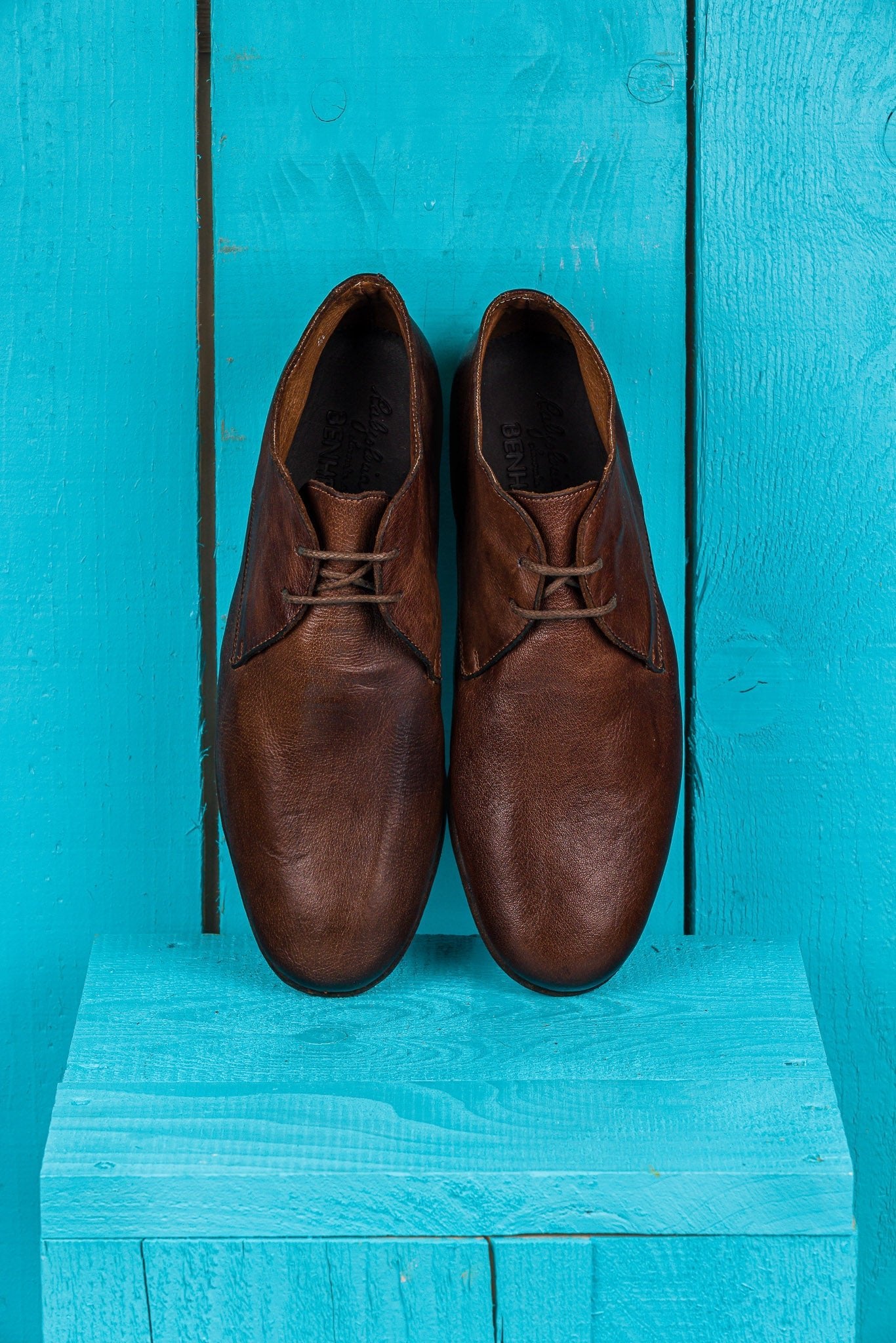 Benheart Amato 5999 men's lace-up leather Derby shoes in brown color, top view.