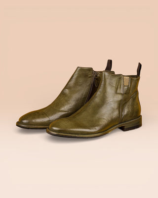 Benheart Aufiero 1434 men’s Chelsea boot in khaki leather with inner zip and pull tabs, front angled view.