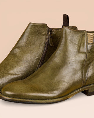 Close-up view of Benheart Aufiero 1535 Chelsea boots in khaki leather.