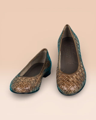 Front angled and top view of Benheart Bellari B970 woven leather ballet flats in taupe.
