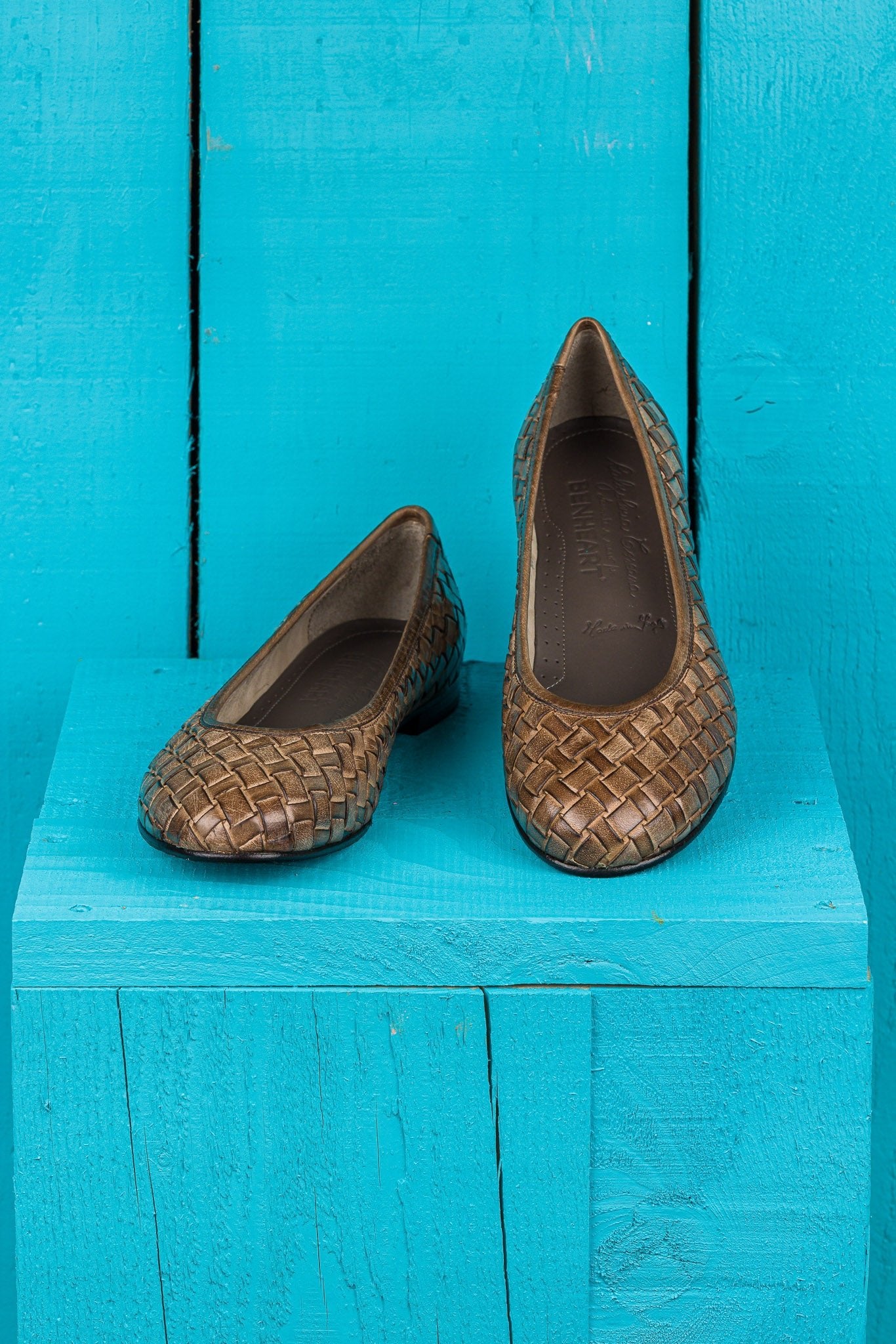 Front angled and top view of Benheart Bellari B970 woven leather ballet flats in taupe.