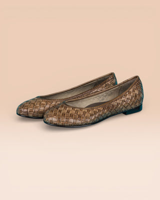 Front angled view of Benheart Bellari B970 woven leather ballet flats in taupe.
