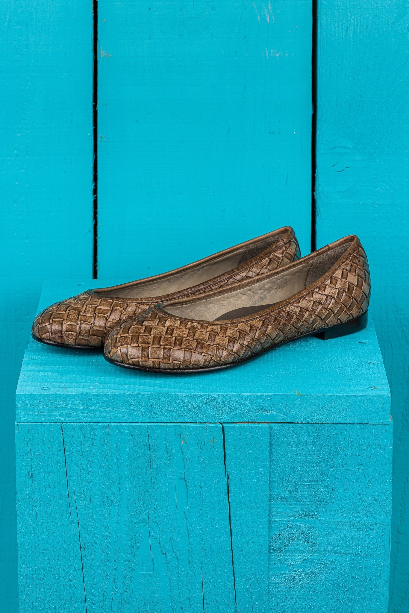Front angled view of Benheart Bellari B970 woven leather ballet flats in taupe.