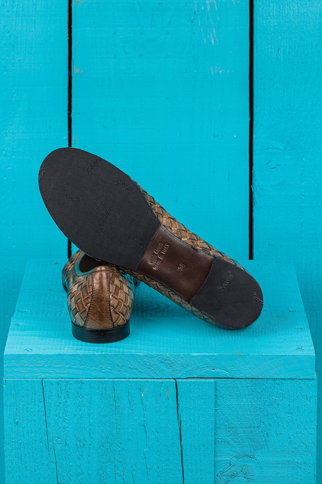 Benheart Bellari B970 taupe woven leather ballet flats, rear view showing sole detail.