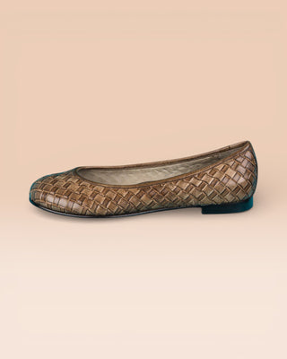 Side view of Benheart Bellari B970 woven leather ballet flats in taupe.