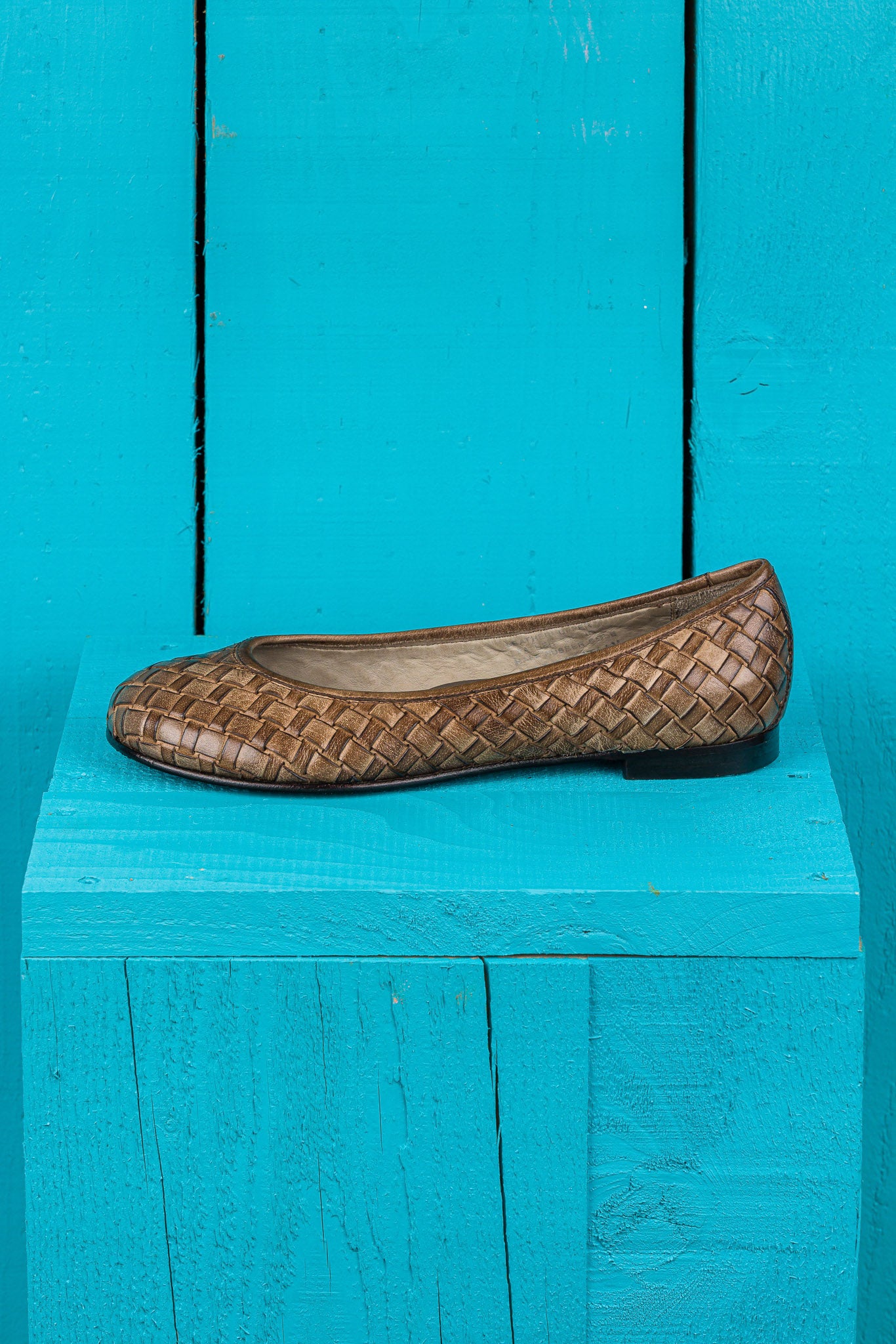 Side view of Benheart Bellari B970 woven leather ballet flats in taupe.