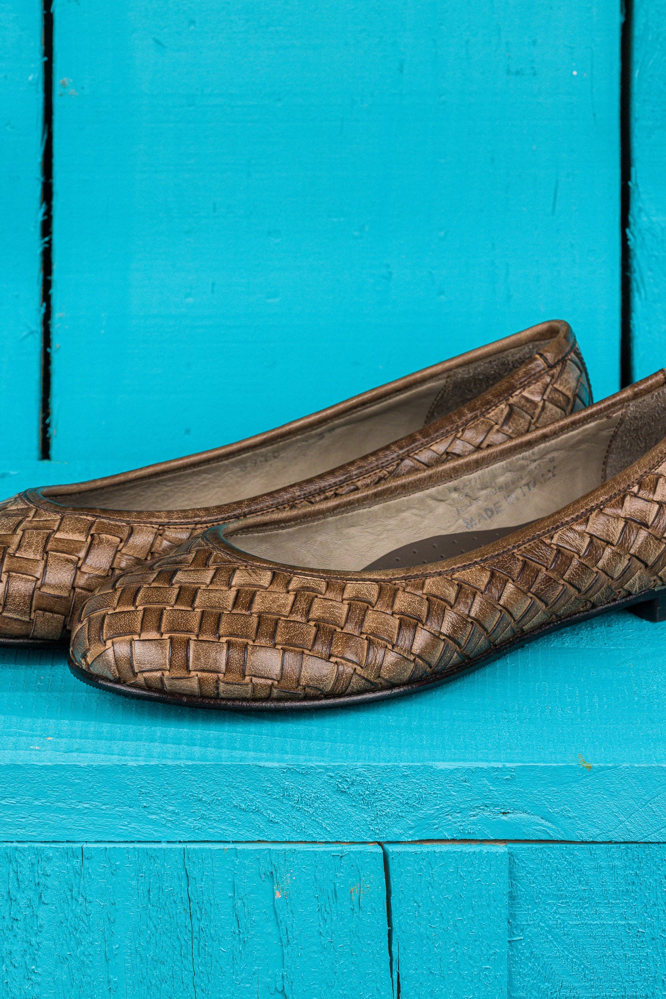 Close up of Benheart Bellari B970 woven leather ballet flats in taupe.