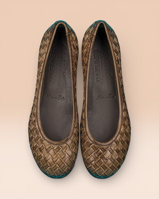 Top view of Benheart Bellari B970 woven leather ballet flats in taupe, handcrafted in Florence.