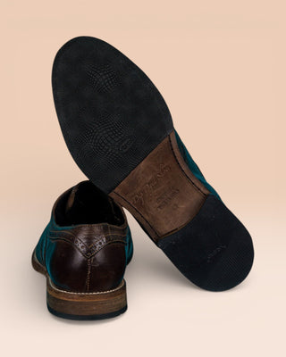 Rear view of Benheart Colombo 7543 men’s tobacco leather brogue slip-on shoes with Vibram rubber sole detail.