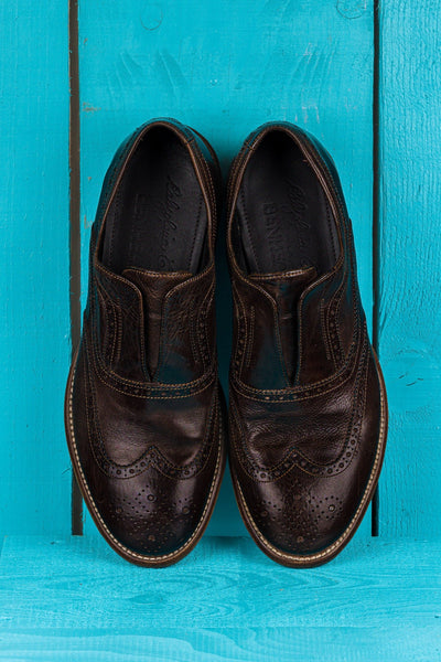 Top view of Benheart Colombo 7543 men’s tobacco leather slip-on brogue shoes.