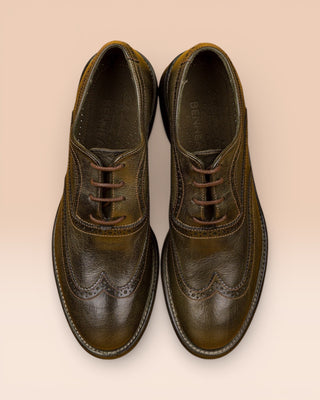 Top view of Da VINCI leather shoes model, handcrafted in Italy, forest green color
