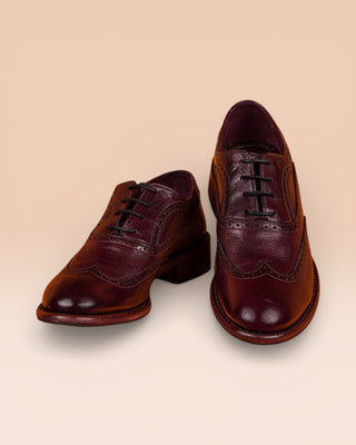 Font and top angled view of DA VINCI leather shoes with ringtail detail, dark brown chestnut color by Benheart