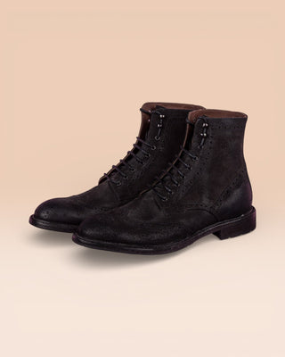 Front angled view of Benheart's Daniel men's suede leather lace-up brogue ankle boots with wingtip design in smoke grey.

