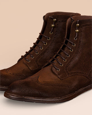 Close-up view of Benheart Daniel men’s lace-up boots in cigar brown suede