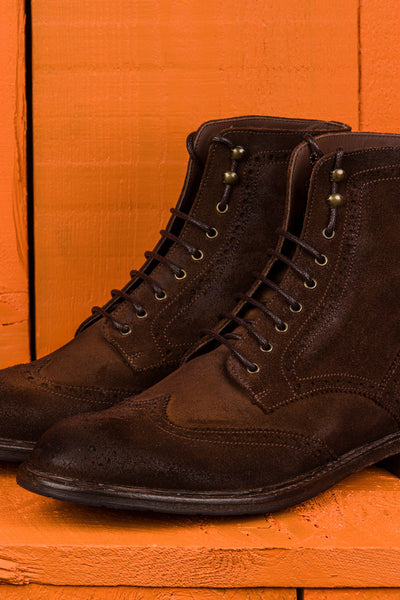 Close-up view of Benheart Daniel men’s lace-up boots in cigar brown suede