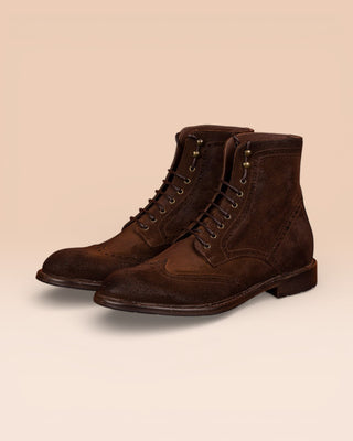 Front angled view of Benheart Daniel men’s lace-up boots in cigar brown suede.