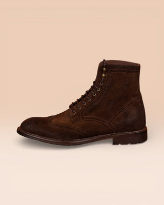 Side view of Benheart Daniel men’s lace-up brogue ankle boots with wingtip design in cigar brown suede.
