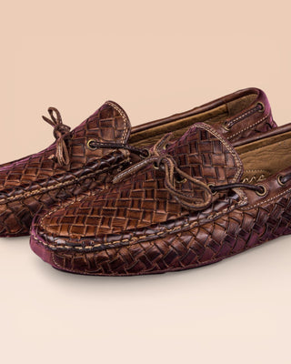 Close up view of Benheart Innocenti E951 woven moor leather driving moccasins.