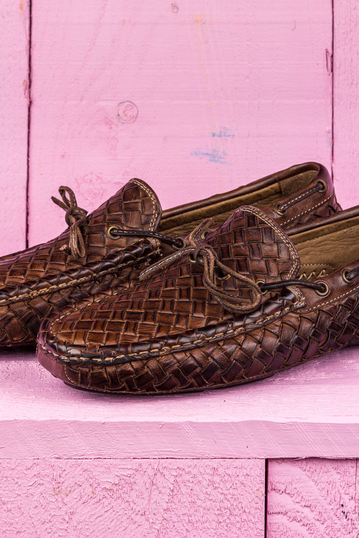 Close up view of Benheart Innocenti E951 woven moor leather driving moccasins.