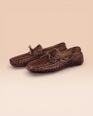 Front angled view of Benheart Innocenti E951 woven moor leather driving moccasins.