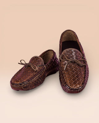 Front angled and top view of Benheart Innocenti E951 woven moor leather driving moccasins.