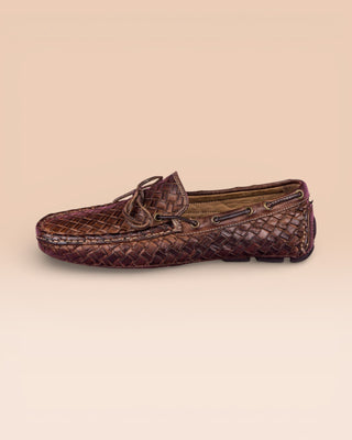 Side view of Benheart Innocenti E951 woven moor leather driving moccasins.