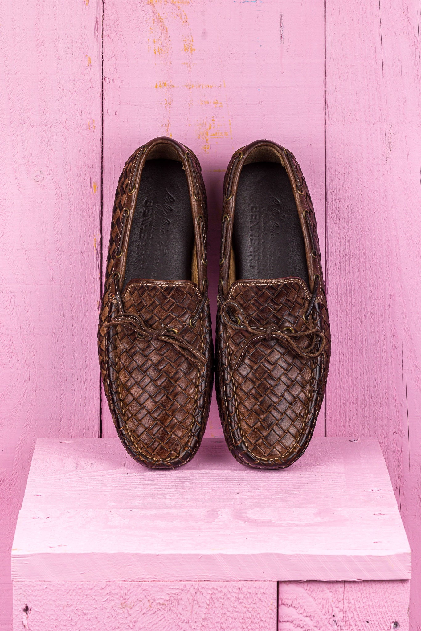 Benheart Innocenti E951 woven moor leather driving moccasins, top view.
