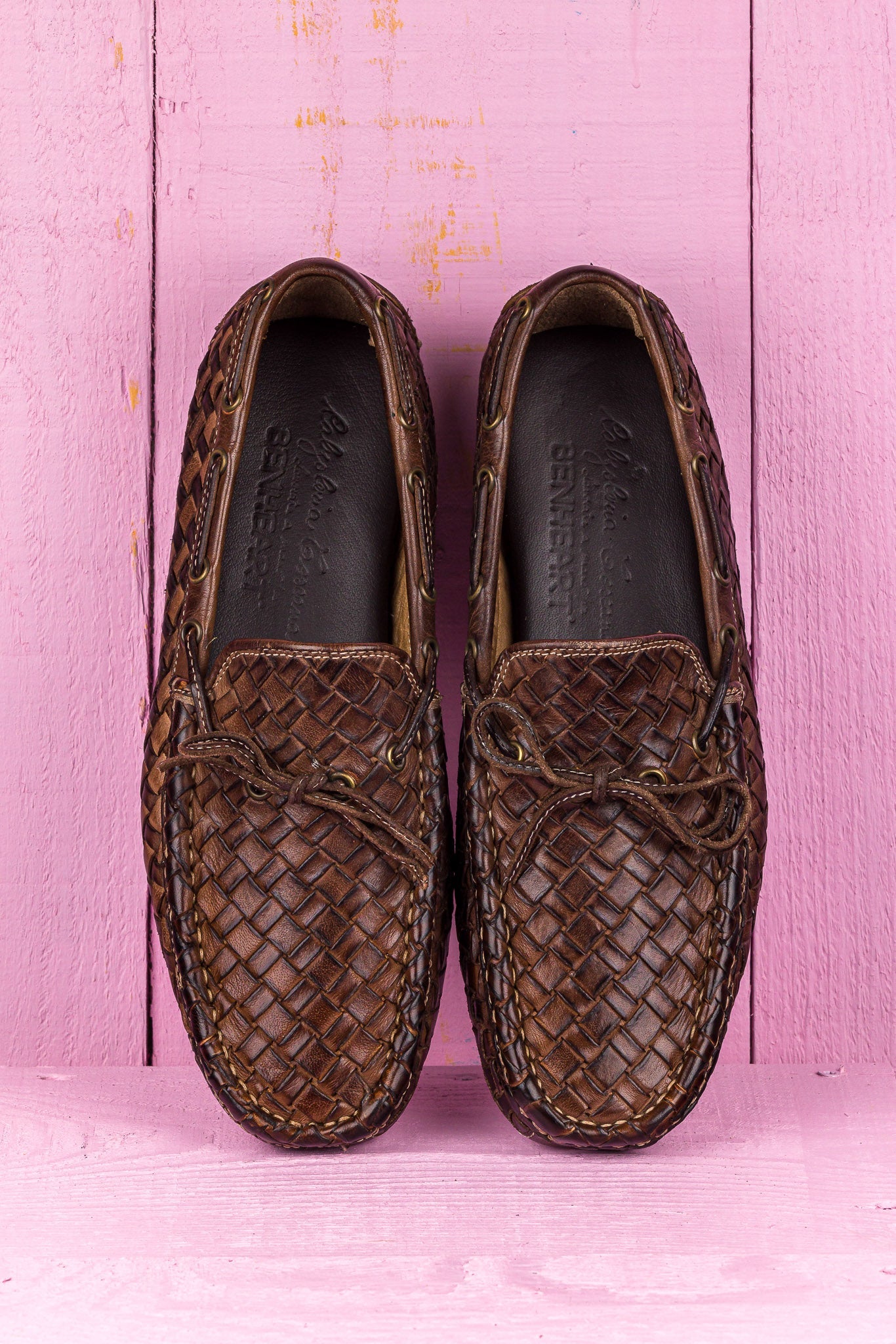 Top view of Benheart Innocenti E951 woven moor leather driving moccasins.