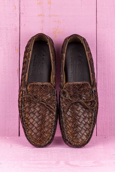 Top view of Benheart Innocenti E951 woven moor leather driving moccasins.