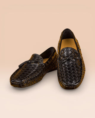 Front angled and top view of Benheart Innocenti E951 woven black leather driving moccasins.
