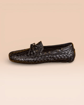 Side view of Benheart Innocenti E951 woven black leather driving moccasins.