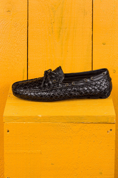 Side view of Benheart Innocenti E951 woven black leather driving moccasins.