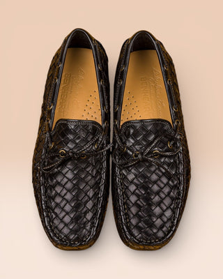 Top view of Benheart Innocenti E951 woven black leather driving moccasins.
