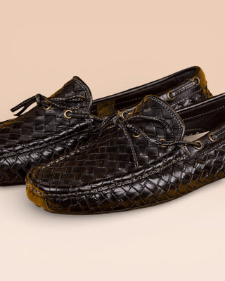 Close up view of Benheart Innocenti E951 woven black leather driving moccasins.