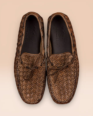 Benheart Innocenti E951 woven taupe leather driving moccasins, top view.