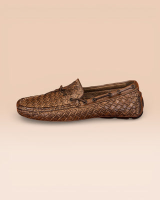 Side view of Benheart Innocenti E951 woven taupe leather driving moccasins.