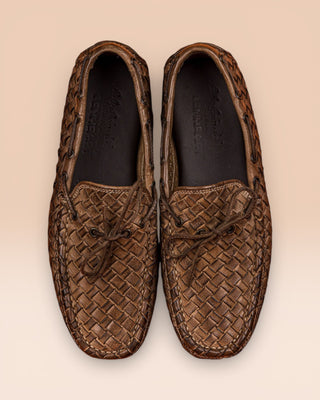 Top view of Benheart Innocenti E951 woven taupe leather driving moccasins.