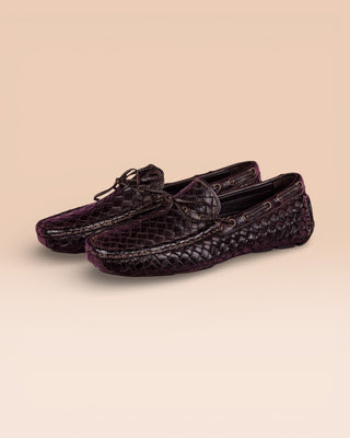 Front angled view of Benheart Innocenti E951 woven testa di moro dark brown leather driving moccasins.
