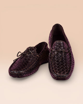 Front angled and top view of Benheart Innocenti E951 woven testa di moro dark brown leather driving moccasins.