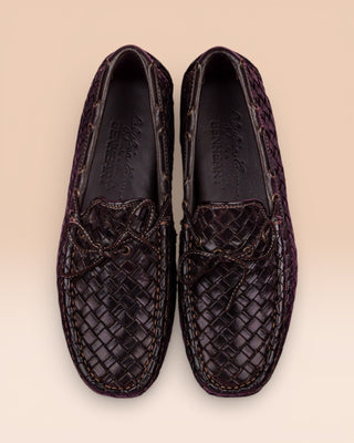 Top view of Benheart Innocenti E951 woven testa di moro dark brown leather driving moccasins.