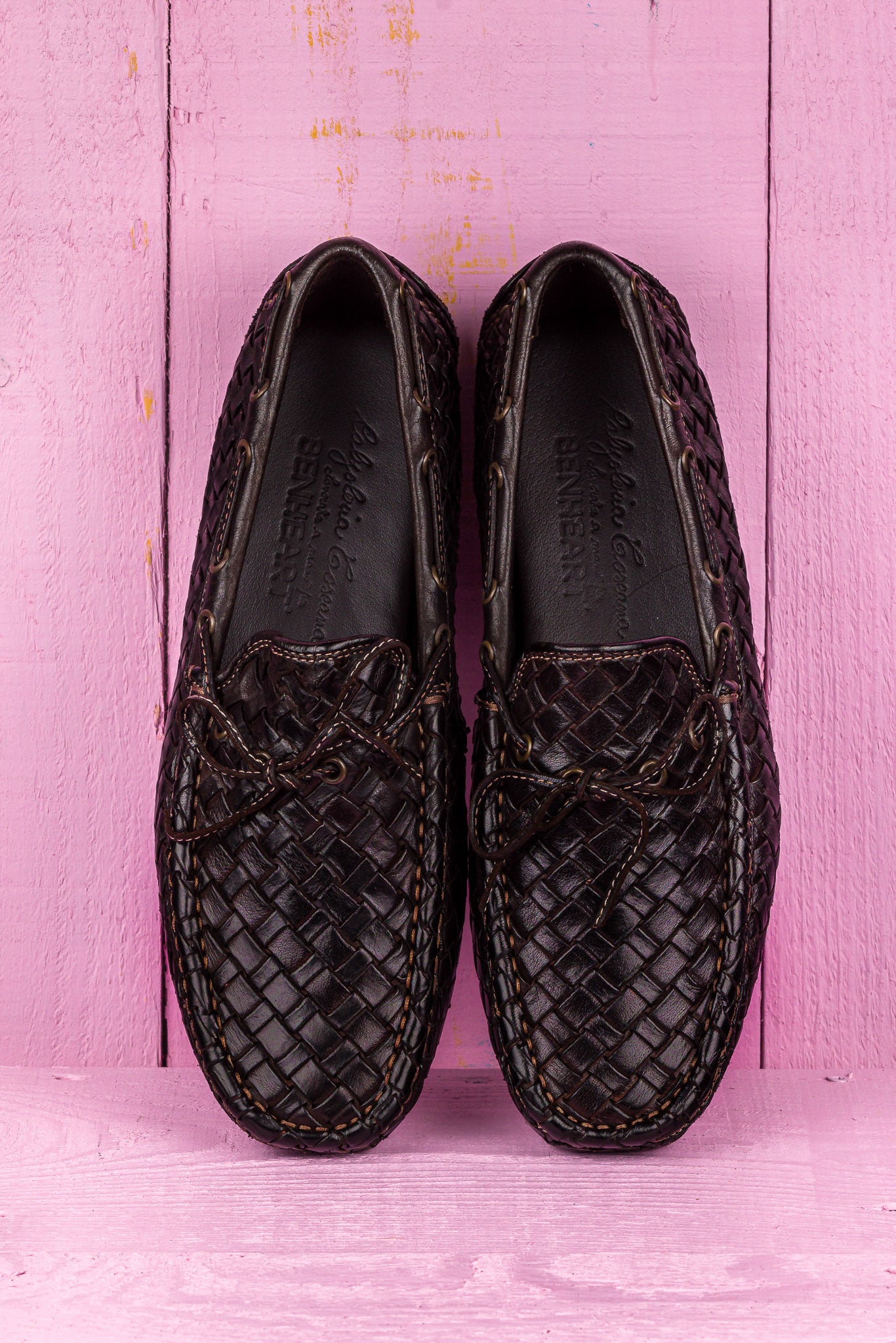 Top view of Benheart Innocenti E951 woven testa di moro dark brown leather driving moccasins.