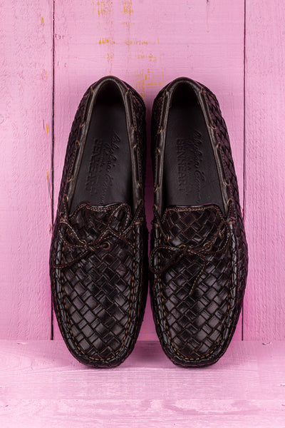 Top view of Benheart Innocenti E951 woven testa di moro dark brown leather driving moccasins.