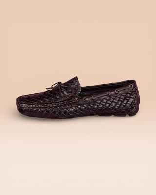 Side view of Benheart Innocenti E951 woven testa di moro dark brown leather driving moccasins.