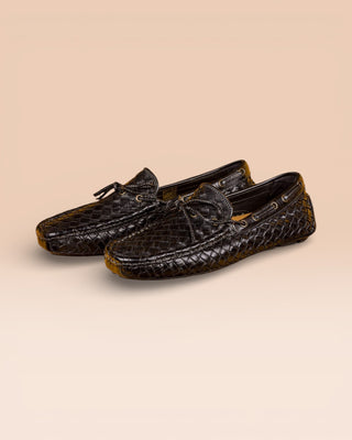 Front angled view of Benheart Innocenti E951 woven black leather driving moccasins.